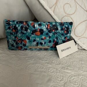 Brahmin Turquoise Floral Croc-Embossed Leather Wallet with Coral Accents